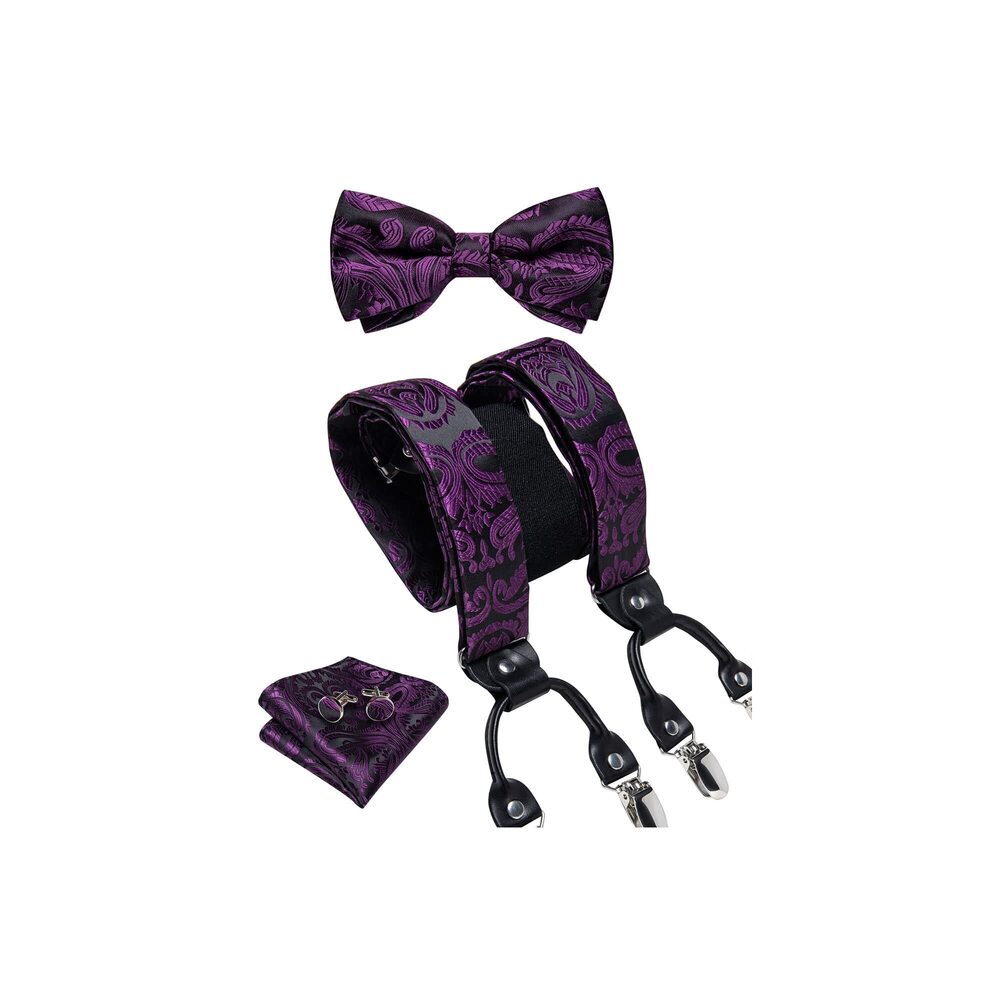 1307 Purple Suspenders Heavy Duty Paisley Suspenders and Bow Tie Set